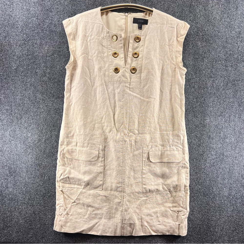 J. Crew Dress Sz 8 Beige/Gold Shimmer 100% Linen Grommet Detail Cap Sleeve Shift